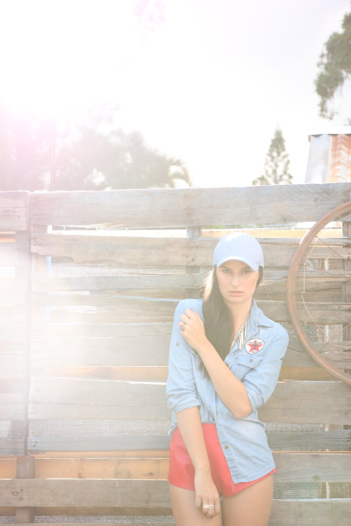 Friend Of Mine red leather shorts, FlexiFit Denim had and Princess Polly denim shirt.  